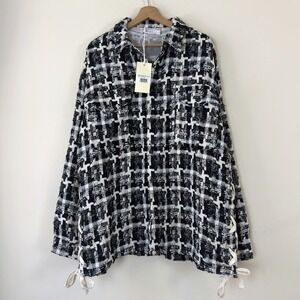 NWT Women's MNML Woven Tweed Laced Black White Shirt Jacket Coat - Large